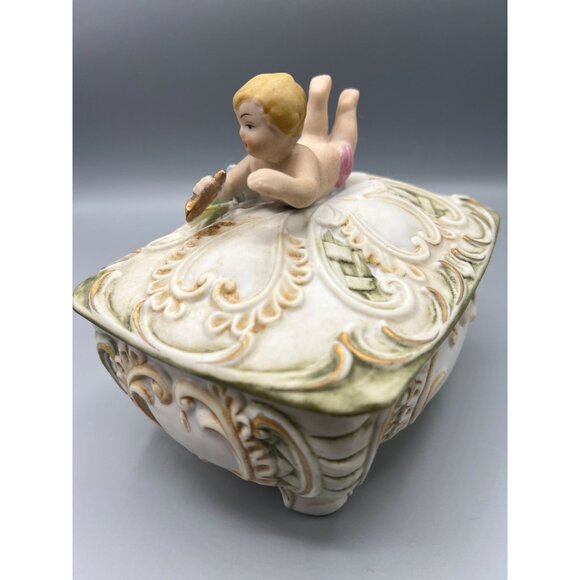 Vtg Bisque Porcelain Trinket Box with Baby Cherub & Floral Design 6" Bath Salts - Picture 11 of 13